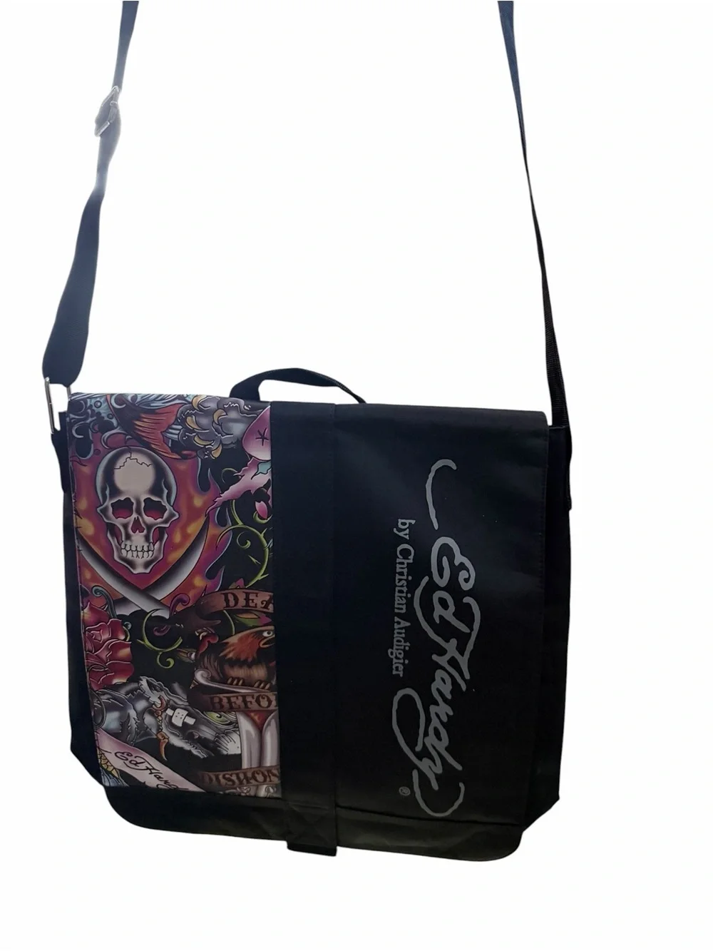 Christian Audigier Black Messenger Bag with Colorful Tattoo Skull Panel